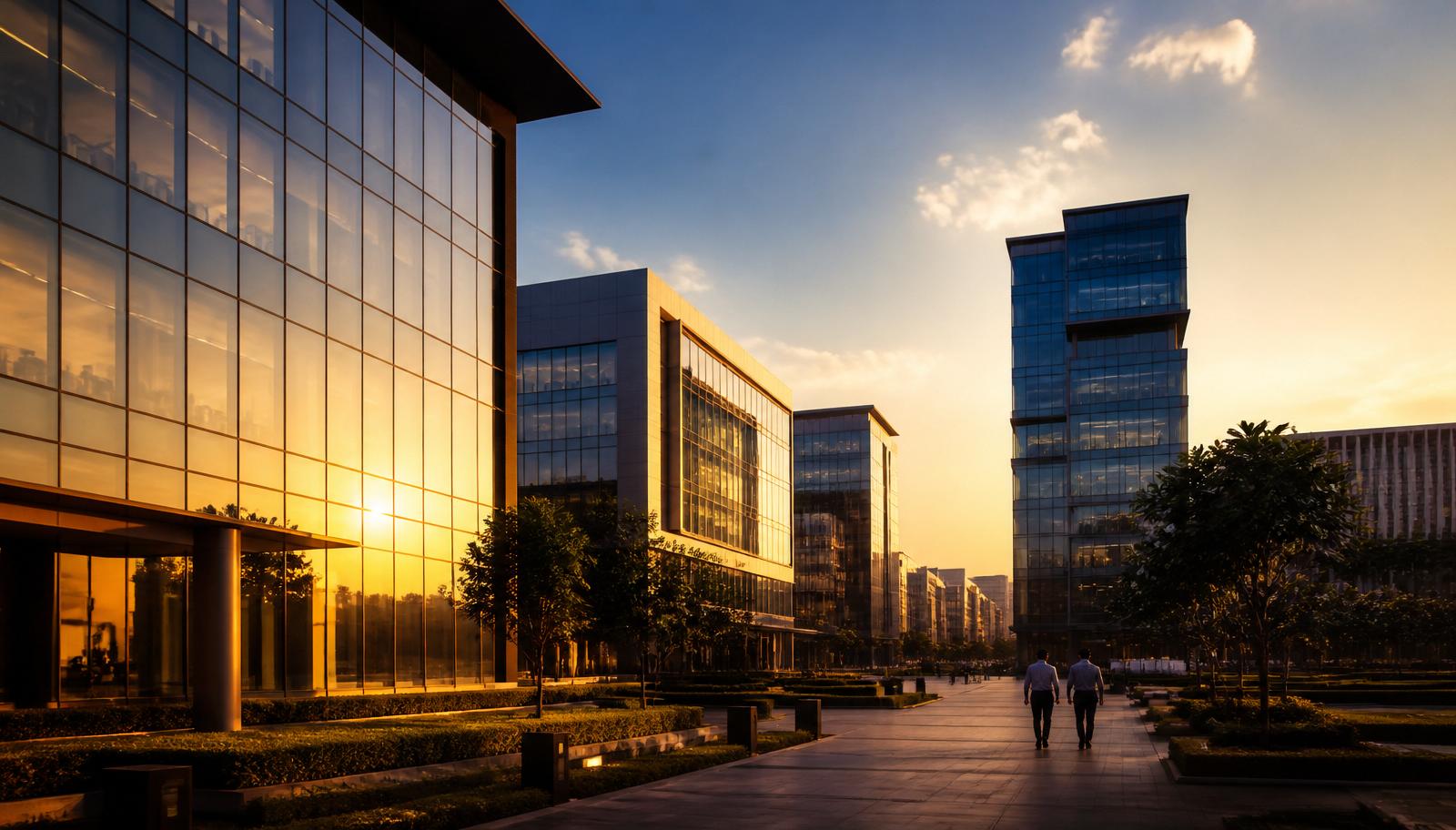 Modern Indian business district at golden hour
