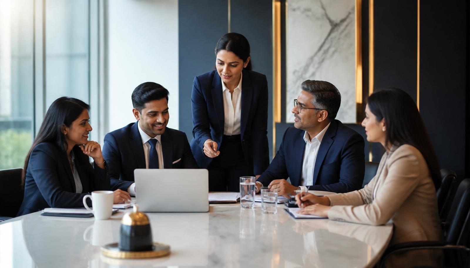 Indian business leaders collaborating in a modern boardroom